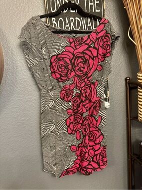 Hot & Delicious Black Mini Dress with Hot Pink Rose Print. Medium.